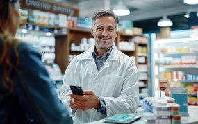Smiling pharmacist with smartphone assisting customer at pharmacy. Smiling pharmacist with smartphone assisting customer at pharmacy.
